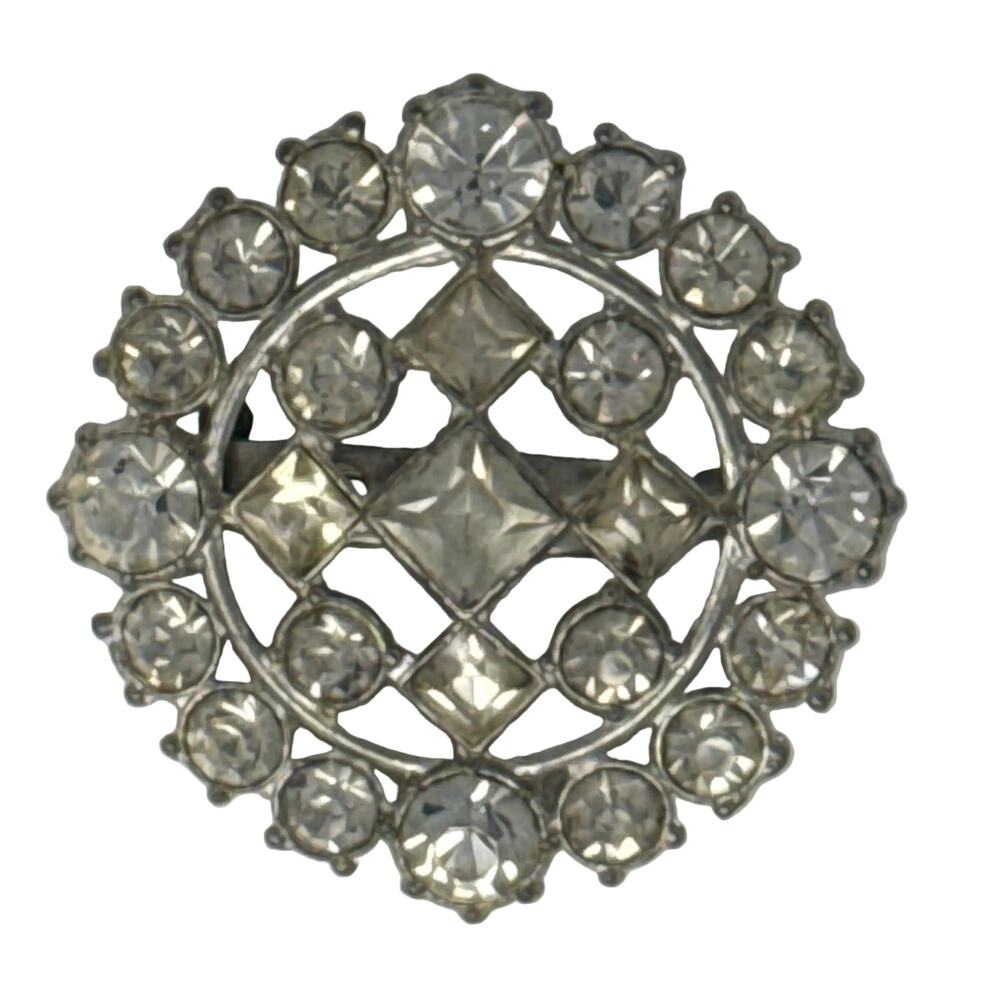 Vintage 60s Silver Round Rhinestone Brooch Pin Mid Century Modern